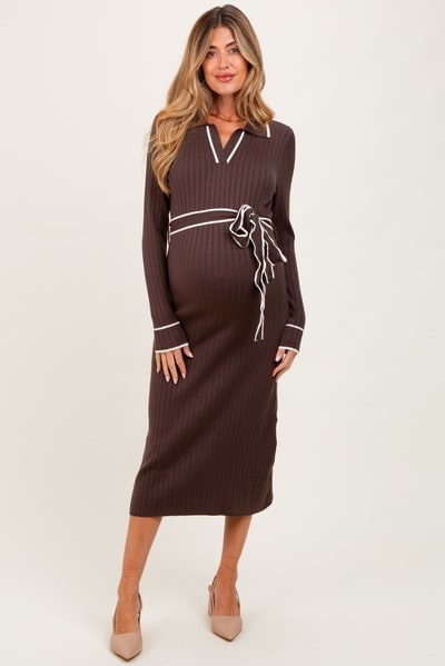 PinkBlush Brown Soft Stretchy Rib Fitted Maternity Sweater Midi Dress