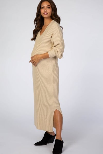 PinkBlush Beige V-Neck Ribbed Maternity Sweater Dress