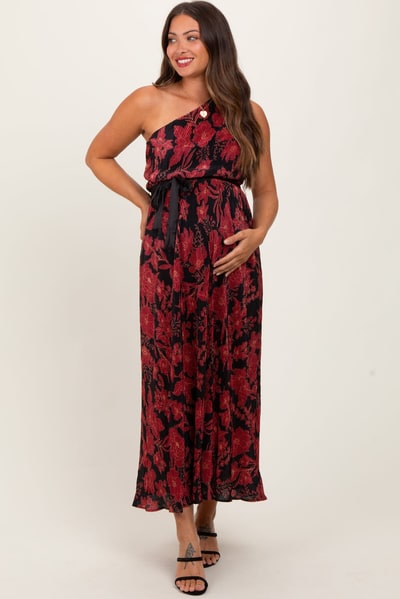 PinkBlush Red Floral Print Plisse One Shoulder Maternity Maxi Dress