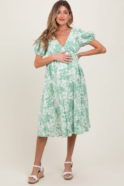 PinkBlush Green Floral Woven Short Sleeve Maternity Mini Dress