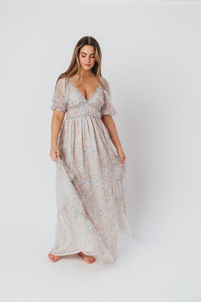 Worth Collective Daphne Maxi Dress in Beige/Blue Floral - Bump Friendly
