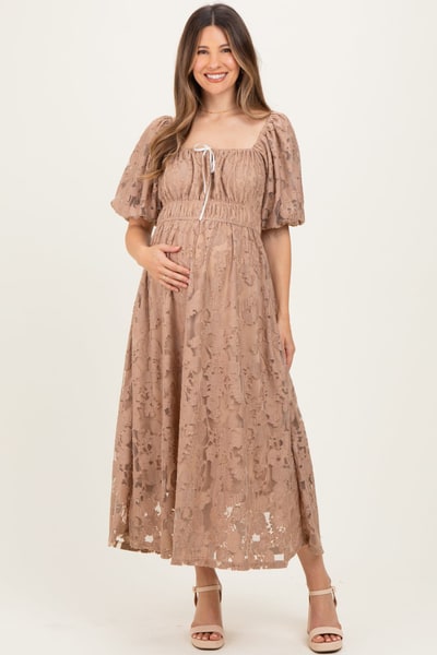 PinkBlush Mocha Lace Puff Sleeve Maternity Midi Dress
