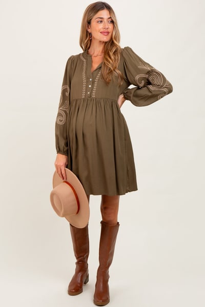 PinkBlush Olive Embroidered V-Neck Long Sleeve Maternity Dress