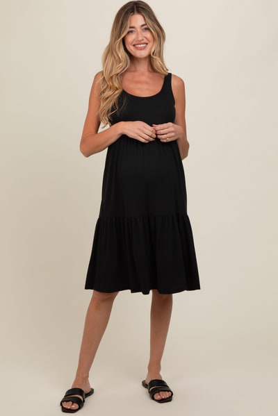 PinkBlush Black Tiered Sleeveless Maternity Midi Dress