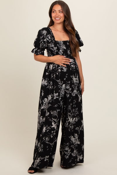 PinkBlush Black Floral Smocked Square Neck Wide Leg Maternity Jumpsuit