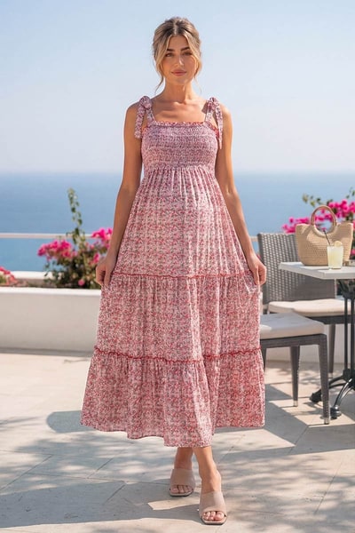 Summer Mae Floral Smocked Maternity Maxi Dress for Baby Shower & Babymoon