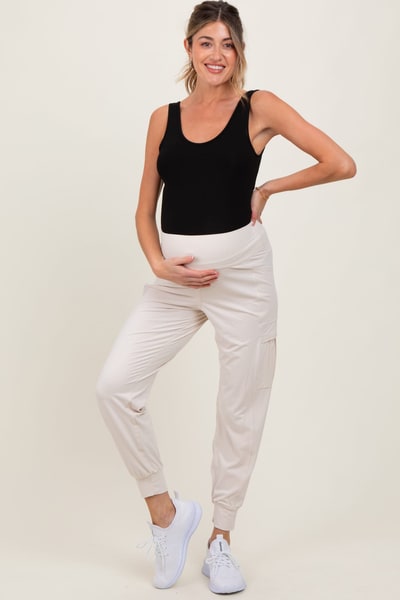 PinkBlush Cream Cargo Pocket Maternity Jogger Pants