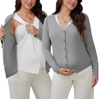 Target INSPIRE CHIC Womens Maternity Button Down Shirts Pregnancy Clothes Long Sleeve V Neck Faux 2-Piece Nursing Tops Medium Gray