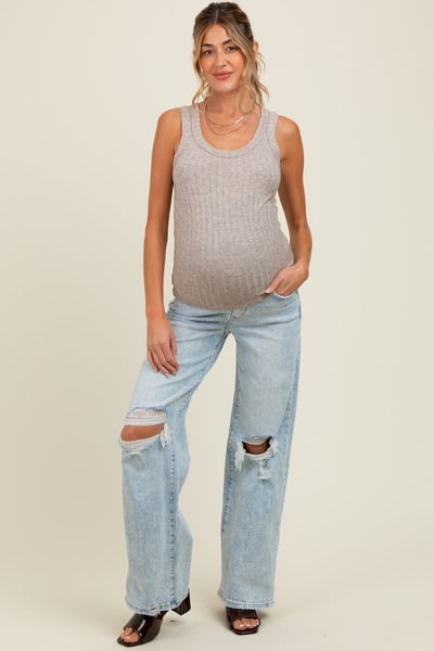 PinkBlush Light Blue Distressed Open Knee Wide Leg Maternity Jeans