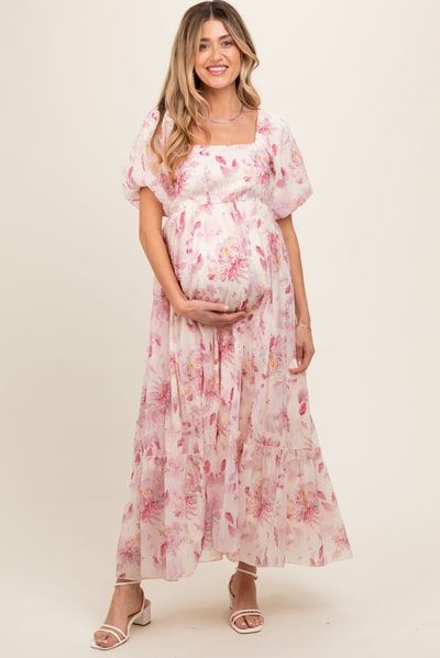 PinkBlush Red Puff Sleeve Square Neck Maternity Dress