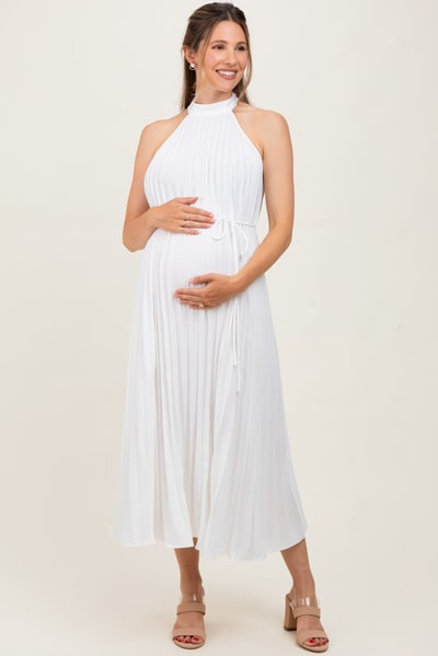 PinkBlush White Pleated Maternity Halter Dress