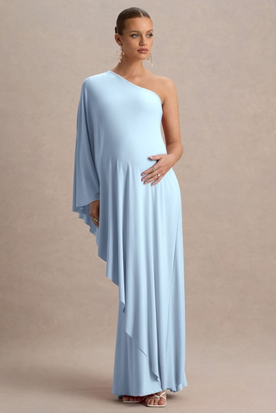 Club L London Waves | Powder Blue Asymmetric Maternity Maxi Dress With One-Sleeve Cape