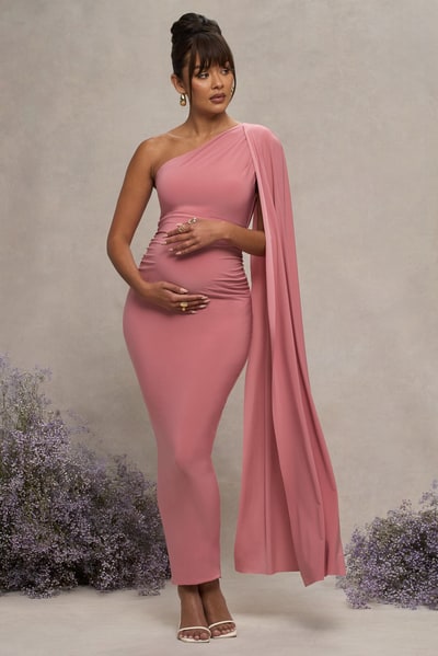 Club L London Amaryllis | Blush Pink Maternity One Shoulder Maxi Dress with Cape Sleeve