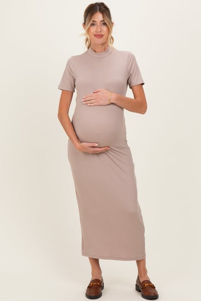 PinkBlush Mocha Ribbed Mock Neck Short Sleeve Maternity Midi Dress