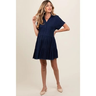 Target PinkBlush Navy Tiered Linen Maternity Dress Navy Blue Medium