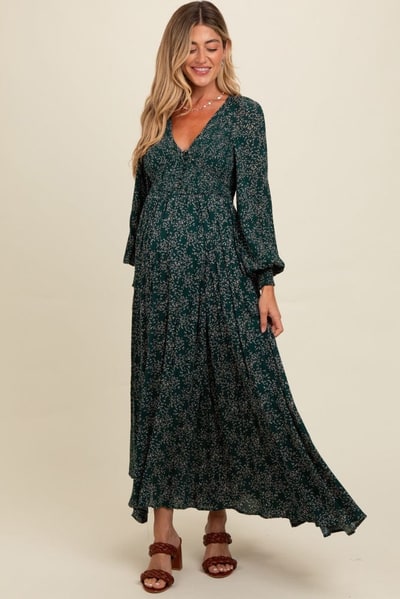 PinkBlush Forest Green Floral Smocked Button Detail Maternity Maxi Dress