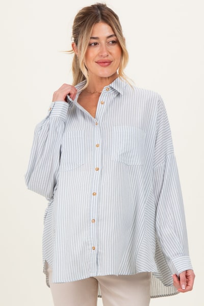 PinkBlush Blue Oversized Striped Button-Up Maternity Shirt