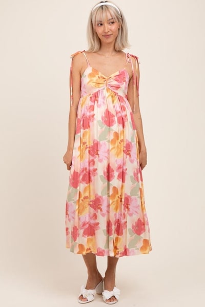 PinkBlush Coral Multi Floral Print Ruched Shoulder Tie Maternity Midi Dress