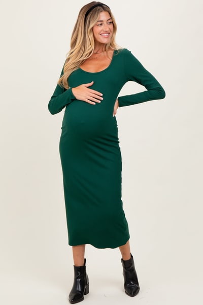 PinkBlush Hunter Green Scoop Neck Long Sleeve Maternity Midi Dress