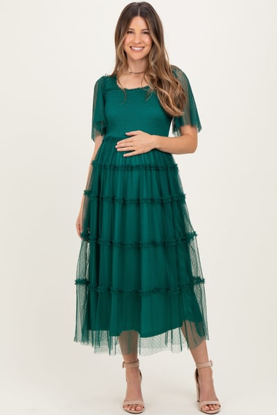 PinkBlush Emerald Green Ruffled Mesh Maternity Maxi Dress