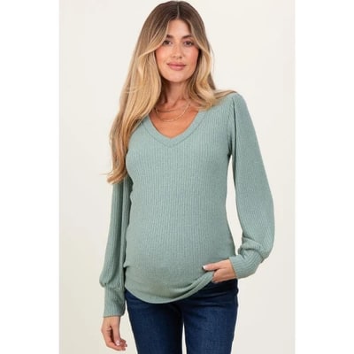 Target PinkBlush Light Olive Ribbed Knit V-Neck Button Cuff Maternity Top Light Olive X Large