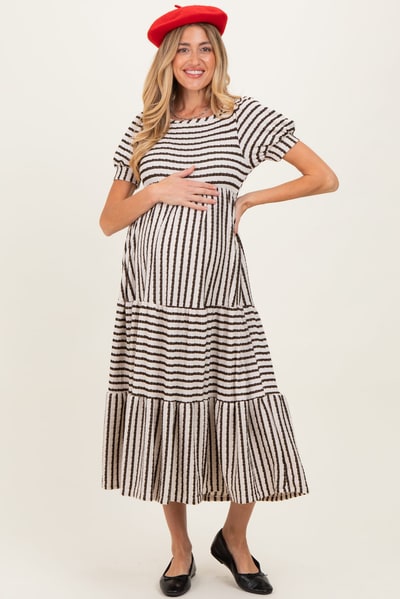 PinkBlush Cream/Olive Striped Short Sleeve Tiered Maternity Maxi Dress