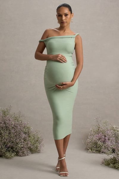 Club L London Salome | Light Green Twisted Asymmetric Maternity Midi Dress