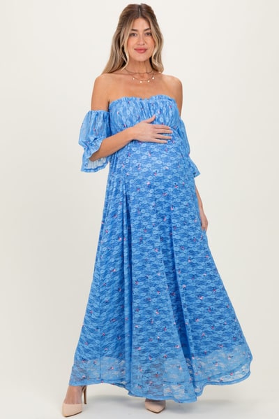 PinkBlush Blue Floral Lace Off Shoulder Ruffe Sleeve Maternity Maxi Dress