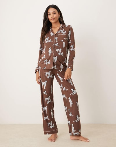 ASOS Chelsea Peers Exclusive Maternity Dalmation long sleeve revere top & pants pajama set in chocolate brown