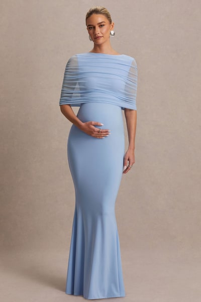 Club L London Zaria | Powder Blue Crew-Neck Maternity Maxi Dress With Cape-Overlay