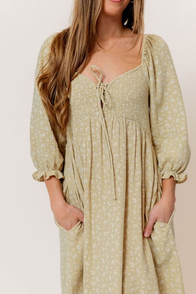 Worth Collective Cecilia 100% Cotton Smocked Maxi Dress in Green Haze Foliage - Bump Friendly