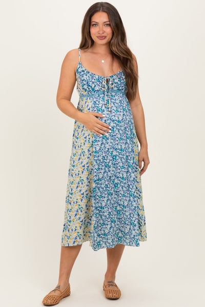 PinkBlush Blue Colorblock Floral Tie Front Maternity Midi Dress