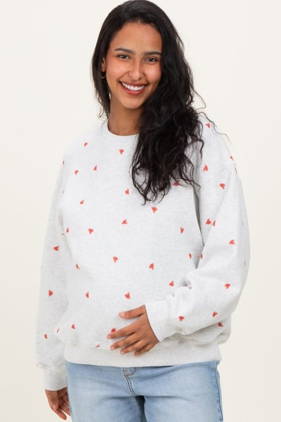 PinkBlush Heather Grey Crew Neck Heart Print Maternity Sweatshirt