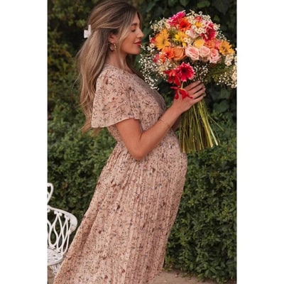 Target PinkBlush Beige Floral Pleated Short Sleeve Chiffon Maternity Midi Dress Beige Small