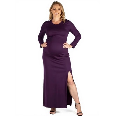 Target 24seven Comfort Apparel Maternity Long Sleeve Side Slit Fitted Black Maxi Dress-Purple-M