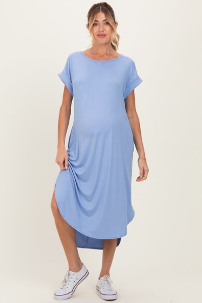 PinkBlush Blue Ribbed Curved Hem Maternity Midi Dress