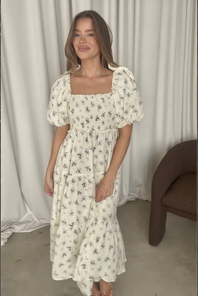 Worth Collective Elena 100% Cotton Midi Dress in Off White/Blue Floral - Bump Friendly