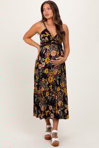 PinkBlush Black Floral Lace Inset Maternity Midi Dress