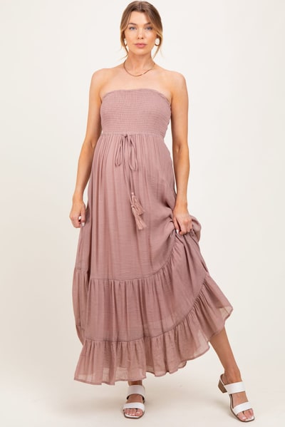 PinkBlush Mauve Smocked Strapless Front Tie Maternity Maxi Dress