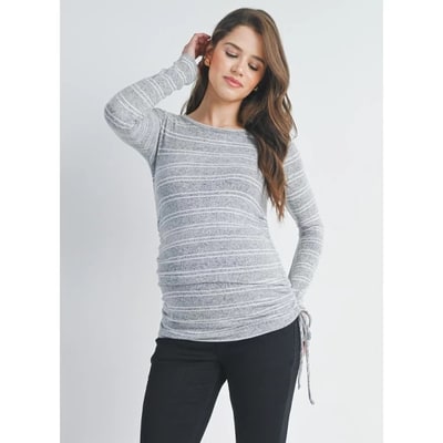 Target Hello Miz Women's Striped Long Sleeve Side Ruched Maternity Top - Heather Grey - Medium