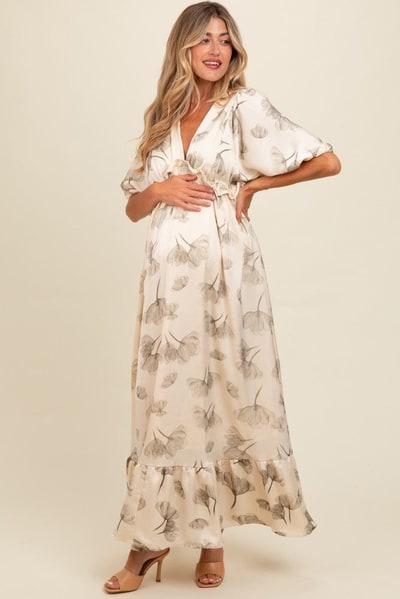 PinkBlush Cream Floral Chiffon Ruffle Accent Maternity Maxi Dress