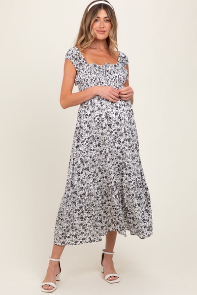 PinkBlush White Floral Smocked Ruffle Detail Maternity Midi Dress