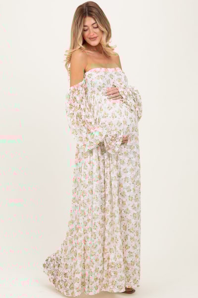 PinkBlush Orange Floral Lace Smocked Long Sleeve Off Shoulder Maternity Maxi Dress