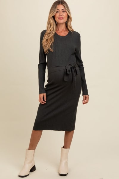 PinkBlush Charcoal Ribbed Sash Tie Maternity Midi Sweater Dress