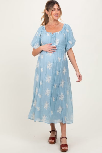 PinkBlush Light Blue Floral Embroidered Puff Sleeve Maternity Midi Dress