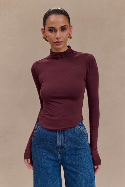 MESHKI Ember Modal Long Sleeve High Neck Top - Mahogany