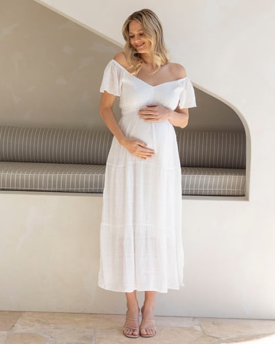 Angel Maternity Lila Baby Shower Maternity Sundress in White