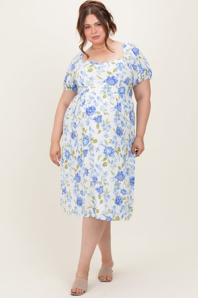 PinkBlush Blue Floral Sweetheart Neckline Puff Sleeve Maternity Plus Midi Dress
