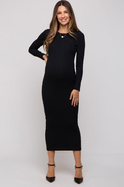 PinkBlush Black Ribbed Fitted Long Sleeve Maternity Midi Dress
