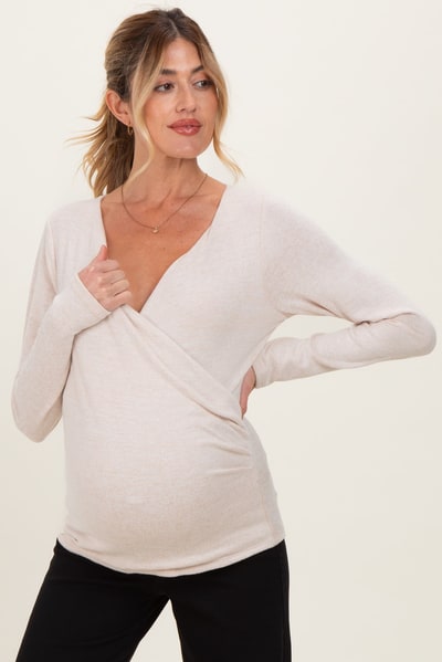 PinkBlush Beige Brushed Knit Wrap Front Maternity Top